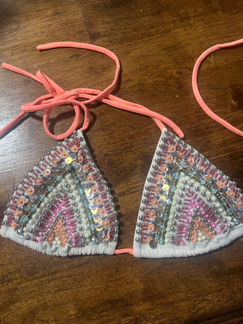 Victoria's Secret White Triangle Bikini Top with Coral Pink Ties